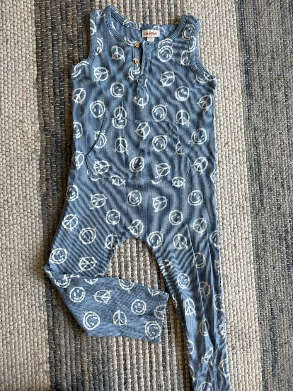 Cat & Jack Blue Ribbed Sleeveless Romper with White Smiley & Peace Motifs